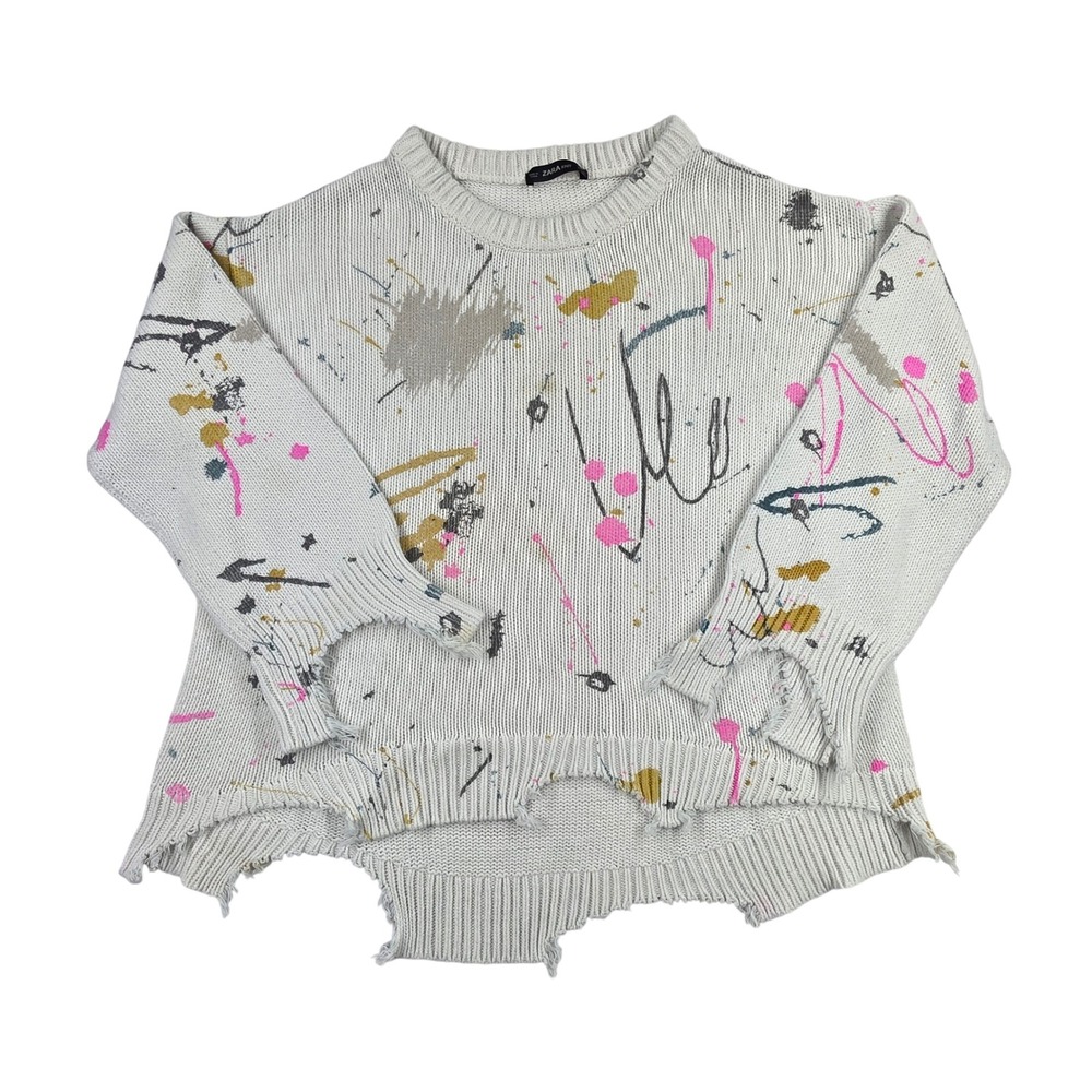 Zara Knit‎ Paint Splatter Distressed Oversized Sweater Cream Graffiti Grunge M